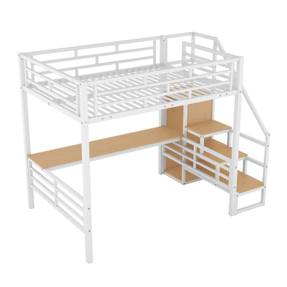 Full Size Metal Loft Bed with Desk Storage Stairs and Small Wardrobe Stairs