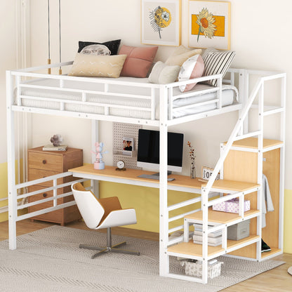 Full Size Metal Loft Bed with Desk Storage Stairs and Small Wardrobe Stairs