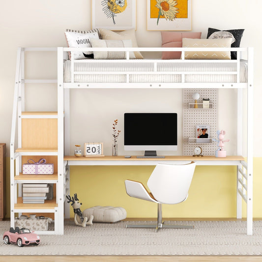 Full Size Metal Loft Bed with Desk Storage Stairs and Small Wardrobe Stairs