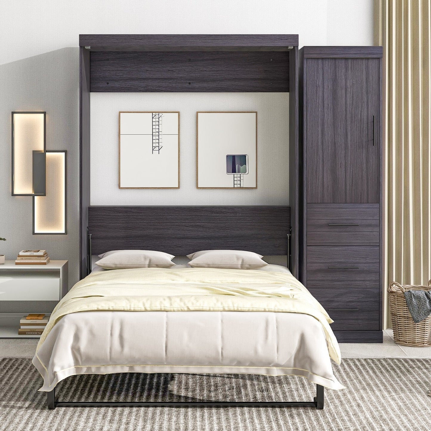 Full Size Murphy Bed with Wardrobe, Drawers, Storage Bed, can be Folded into a Cabinet