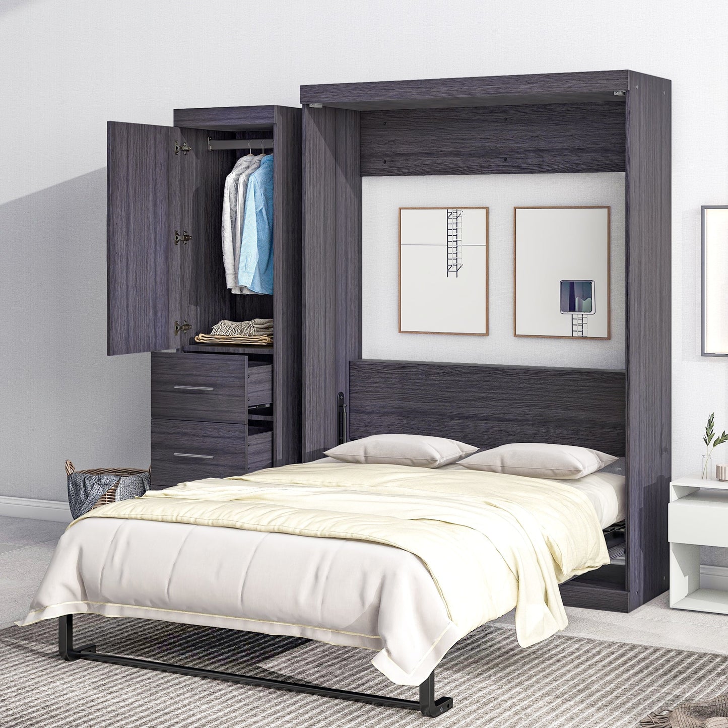 Full Size Murphy Bed with Wardrobe, Drawers, Storage Bed, can be Folded into a Cabinet