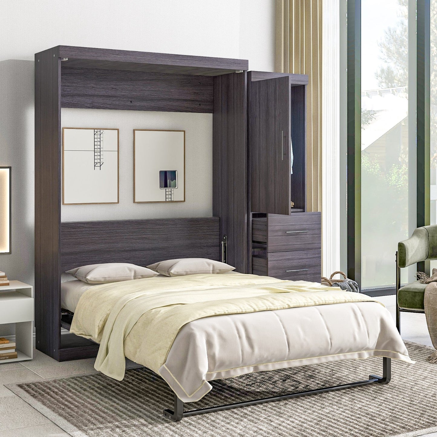 Full Size Murphy Bed with Wardrobe, Drawers, Storage Bed, can be Folded into a Cabinet