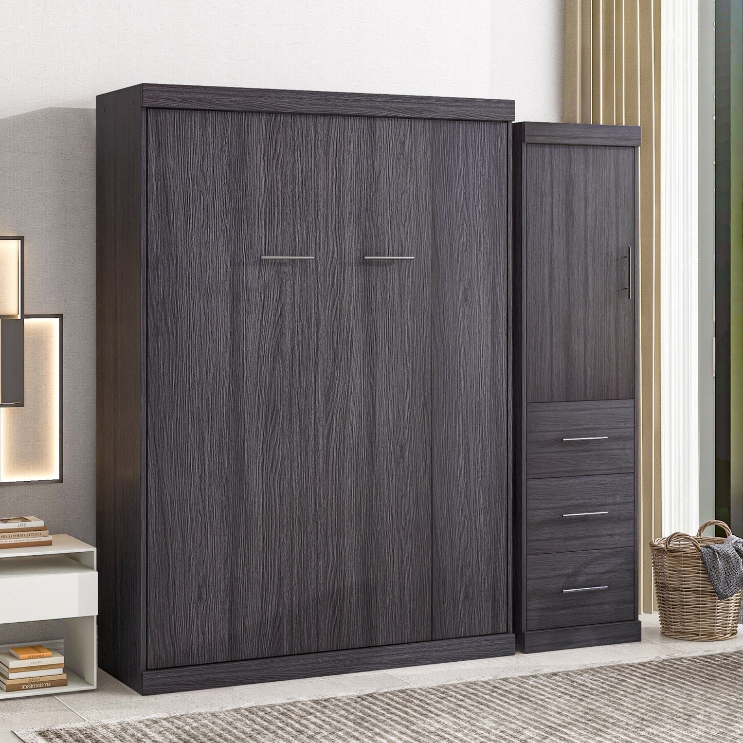 Full Size Murphy Bed with Wardrobe, Drawers, Storage Bed, can be Folded into a Cabinet