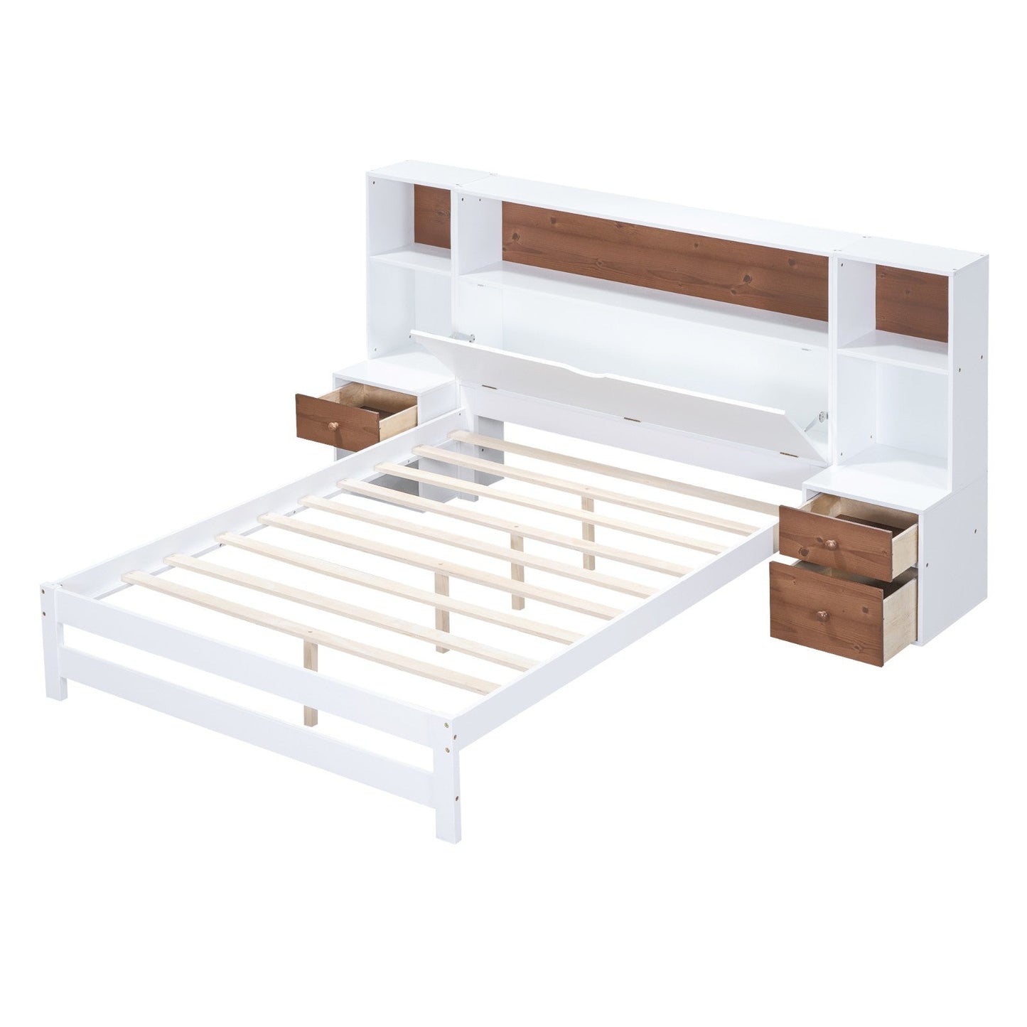 Full-Size Platform Bed with Storage Headboard and Drawers