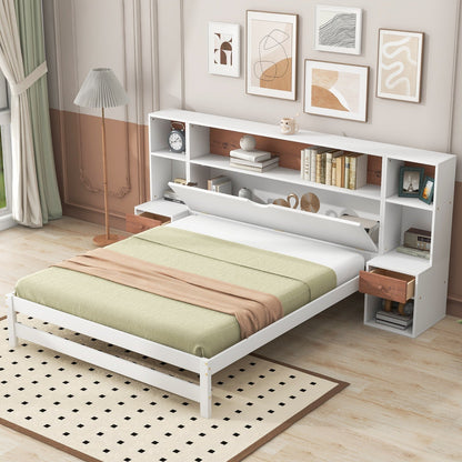 Full-Size Platform Bed with Storage Headboard and Drawers