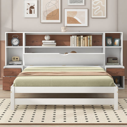 Full-Size Platform Bed with Storage Headboard and Drawers