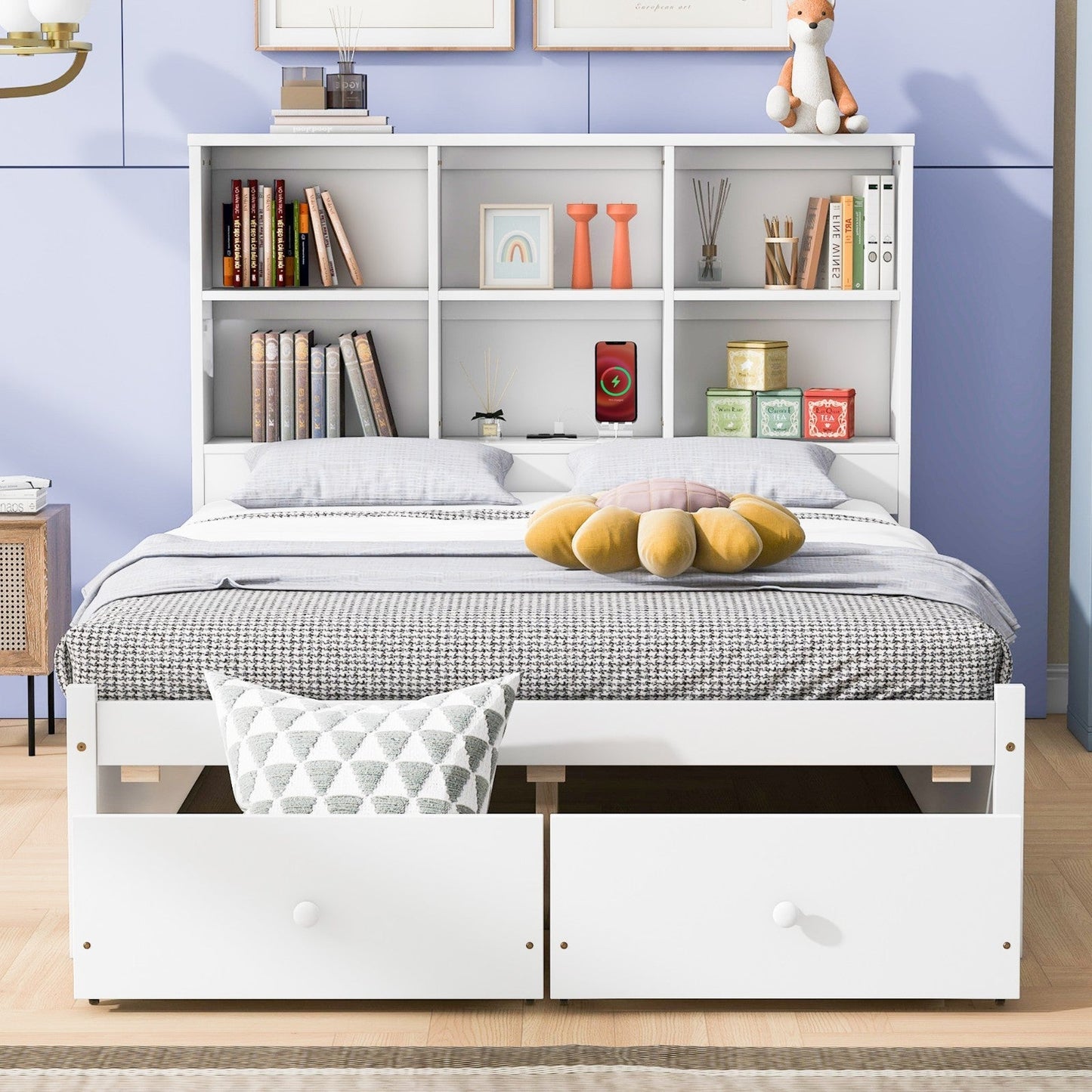 Full Size Platform Bed with Storage Headboard, Charging Station and 2 Drawers