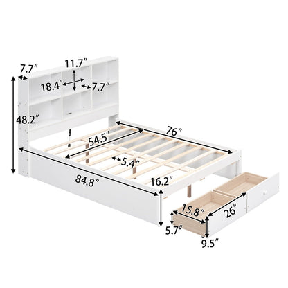 Full Size Platform Bed with Storage Headboard, Charging Station and 2 Drawers