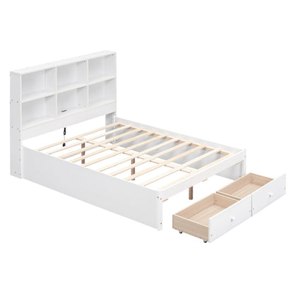 Full Size Platform Bed with Storage Headboard, Charging Station and 2 Drawers