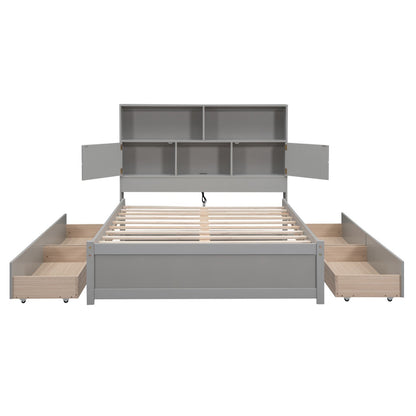 Full Size Platform Bed with Storage Headboard, Charging Station, and 4 Drawers