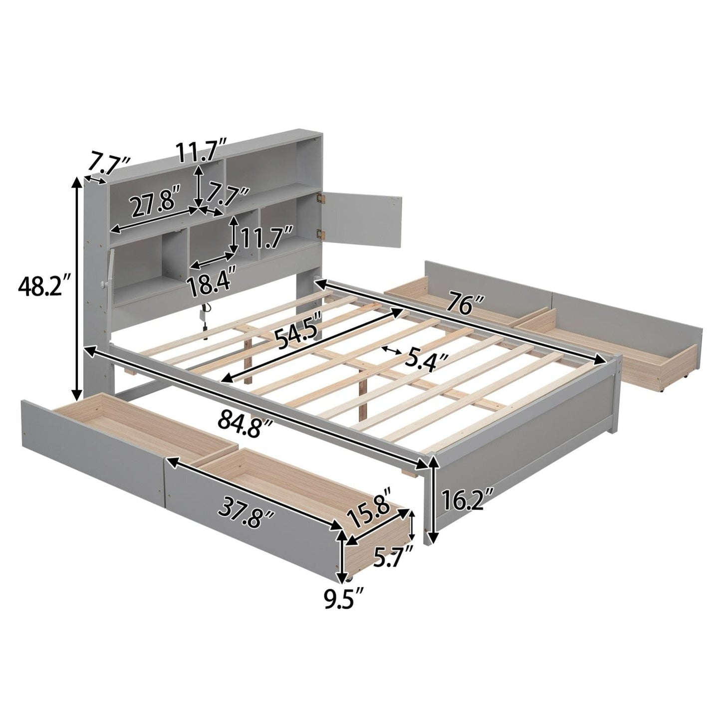 Full Size Platform Bed with Storage Headboard, Charging Station, and 4 Drawers