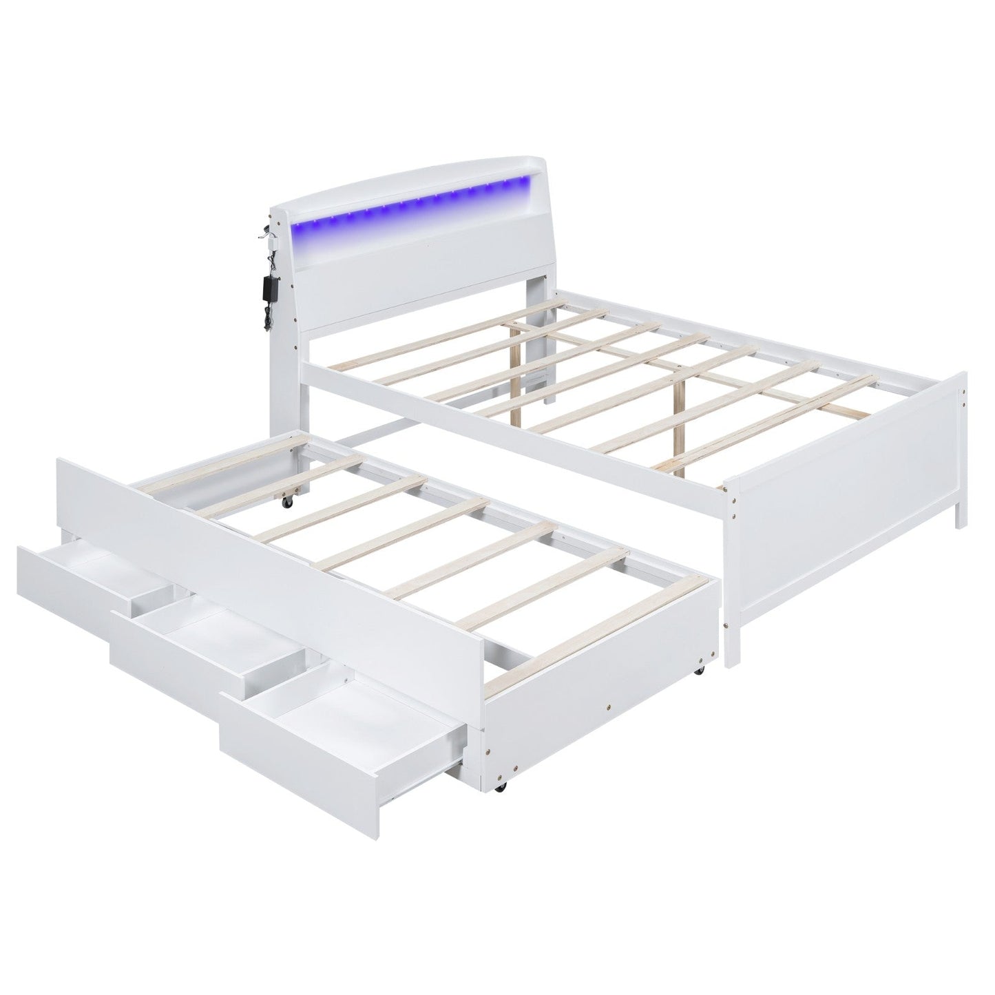 Full-Size Platform Bed with Storage LED Headboard, Twin-Size Trundle, and 3 Drawers