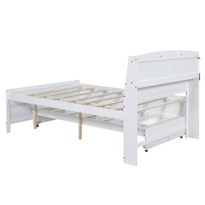 Full-Size Platform Bed with Storage LED Headboard, Twin-Size Trundle, and 3 Drawers