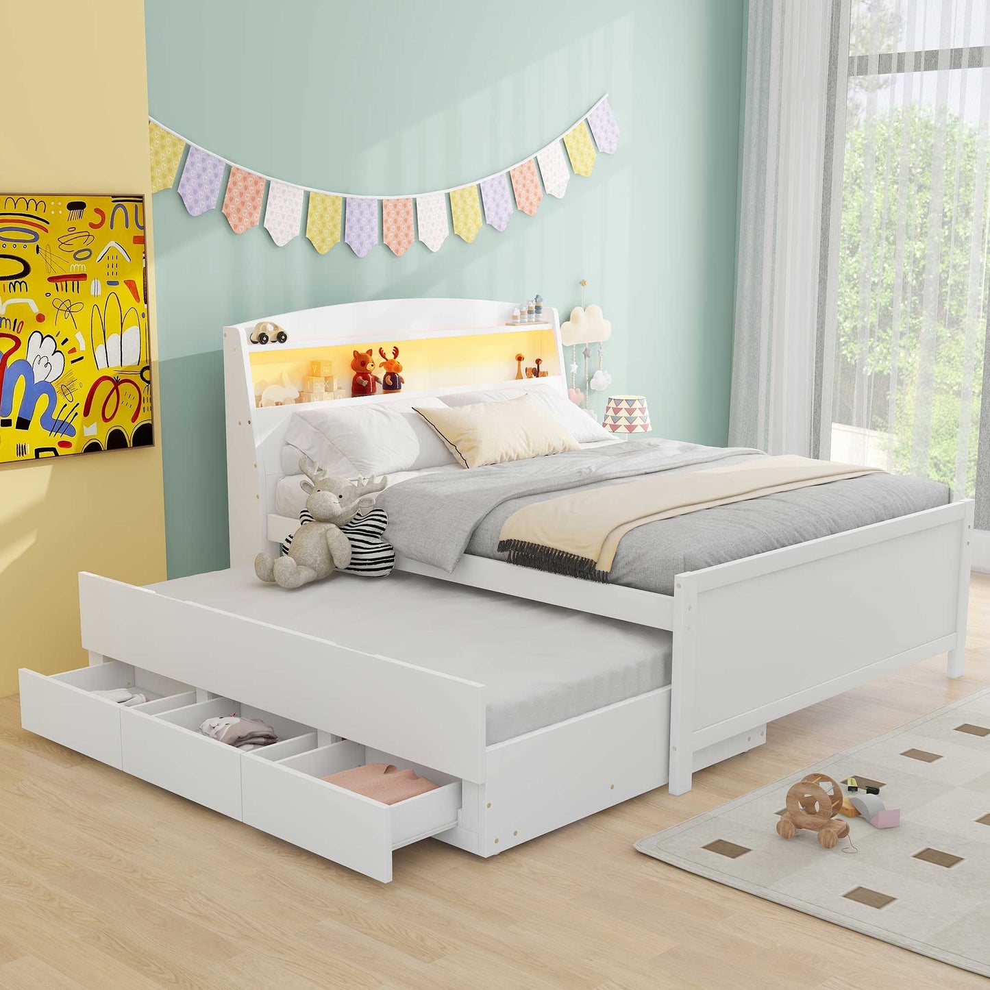 Full-Size Platform Bed with Storage LED Headboard, Twin-Size Trundle, and 3 Drawers