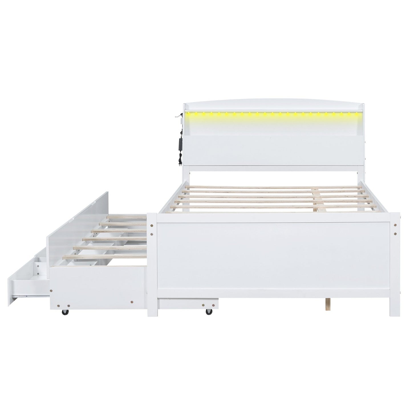 Full-Size Platform Bed with Storage LED Headboard, Twin-Size Trundle, and 3 Drawers