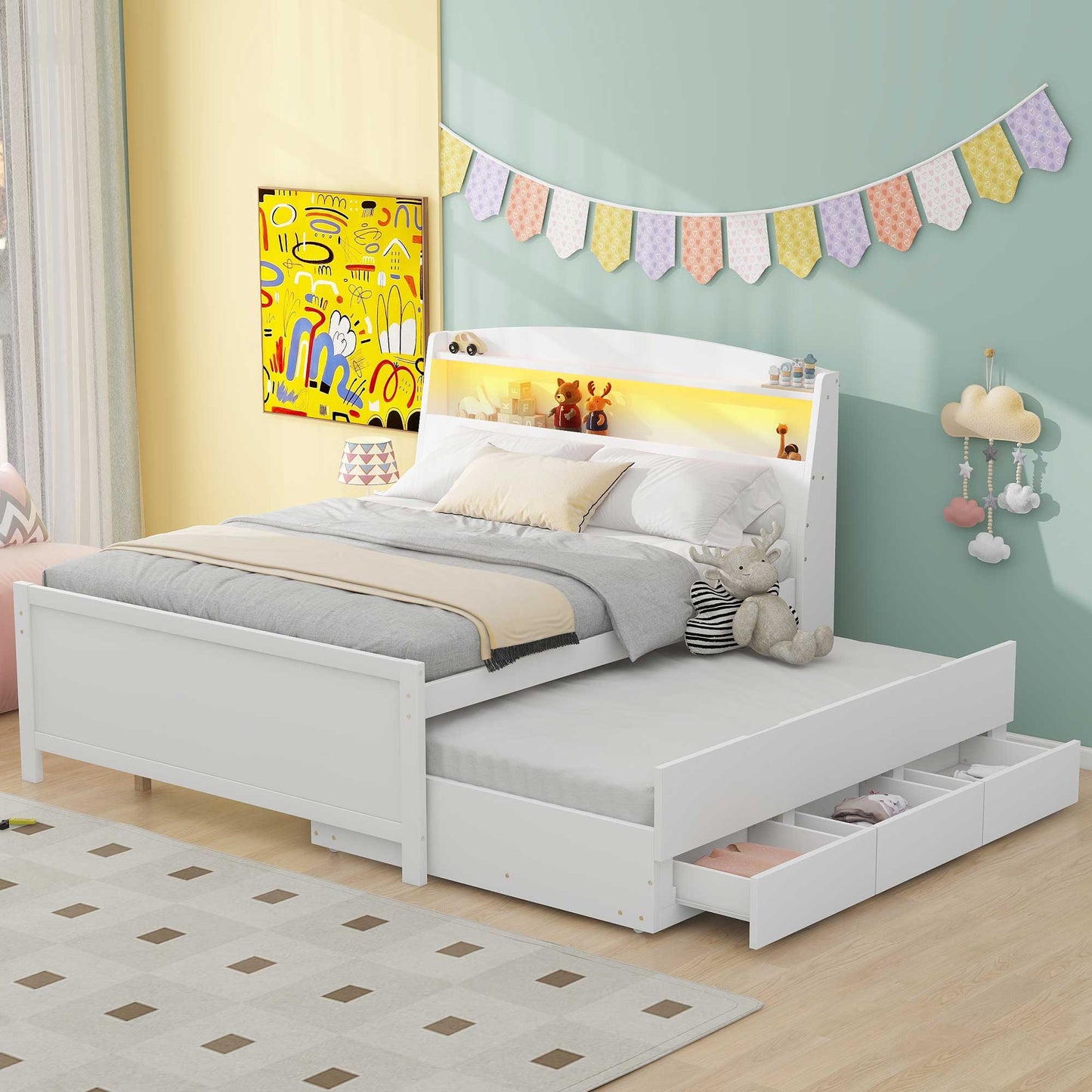 Full-Size Platform Bed with Storage LED Headboard, Twin-Size Trundle, and 3 Drawers