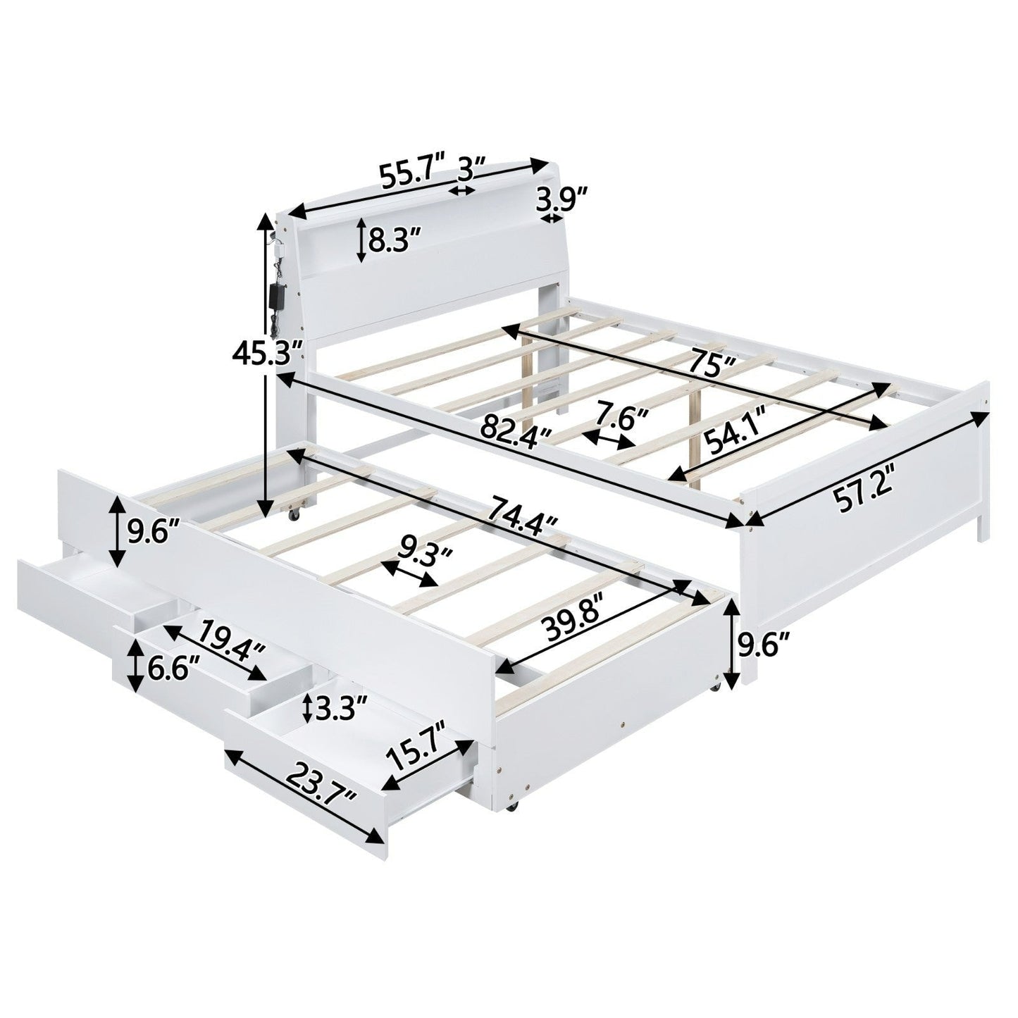 Full-Size Platform Bed with Storage LED Headboard, Twin-Size Trundle, and 3 Drawers