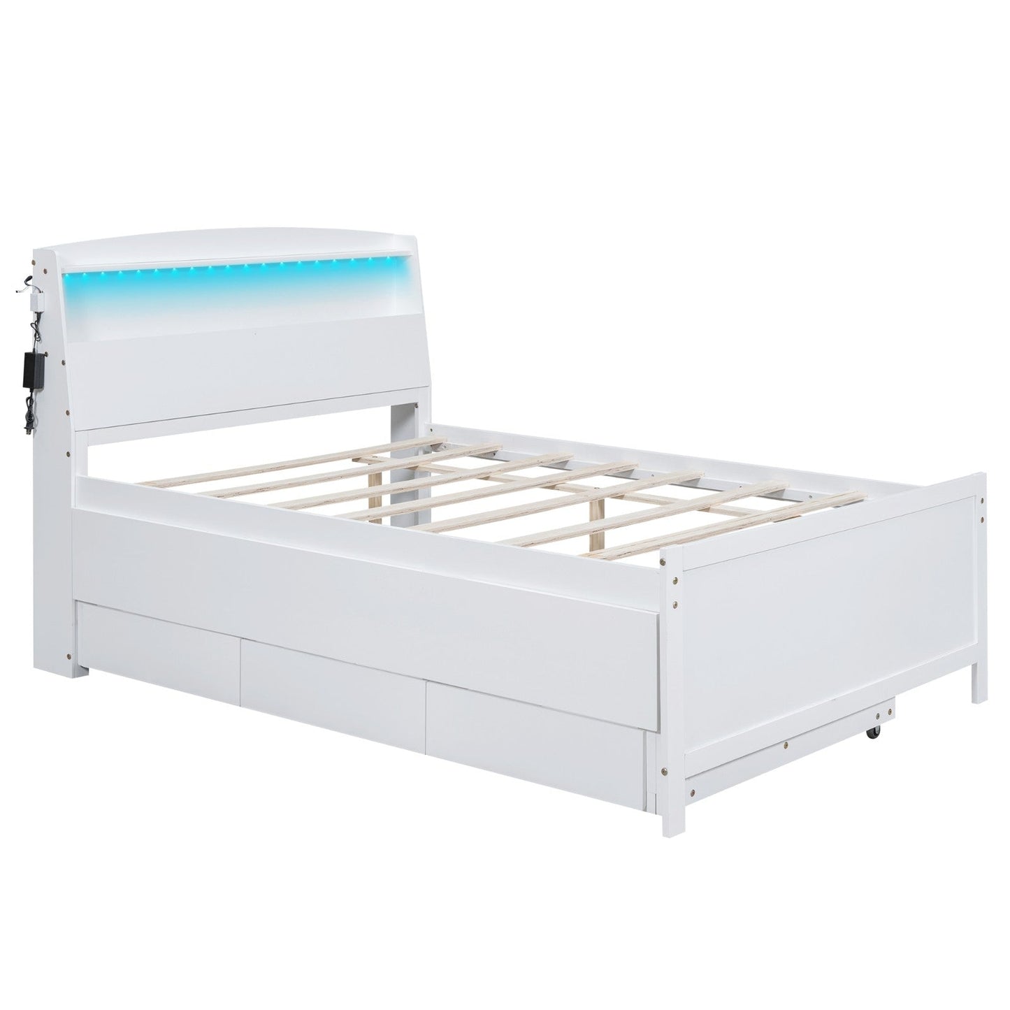 Full-Size Platform Bed with Storage LED Headboard, Twin-Size Trundle, and 3 Drawers