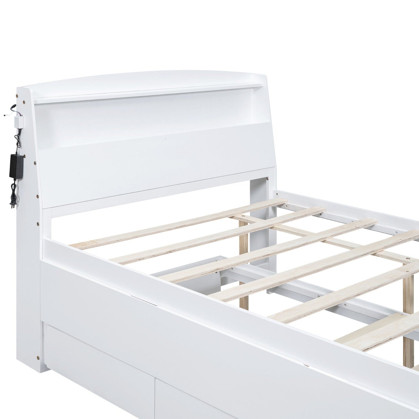 Full-Size Platform Bed with Storage LED Headboard, Twin-Size Trundle, and 3 Drawers