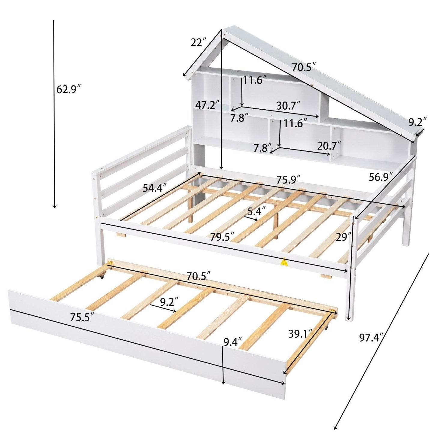 Full Size Platform Bed with Trundle and Shelves