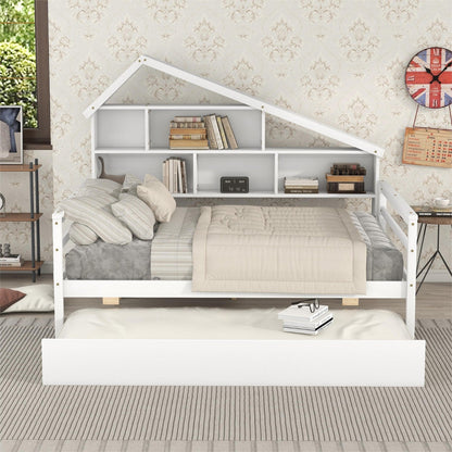 Full Size Platform Bed with Trundle and Shelves