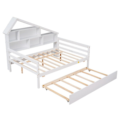 Full Size Platform Bed with Trundle and Shelves