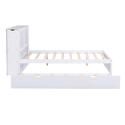 Full Size Platform Storage Bed with Pull Out Shelves and Twin Size Trundle