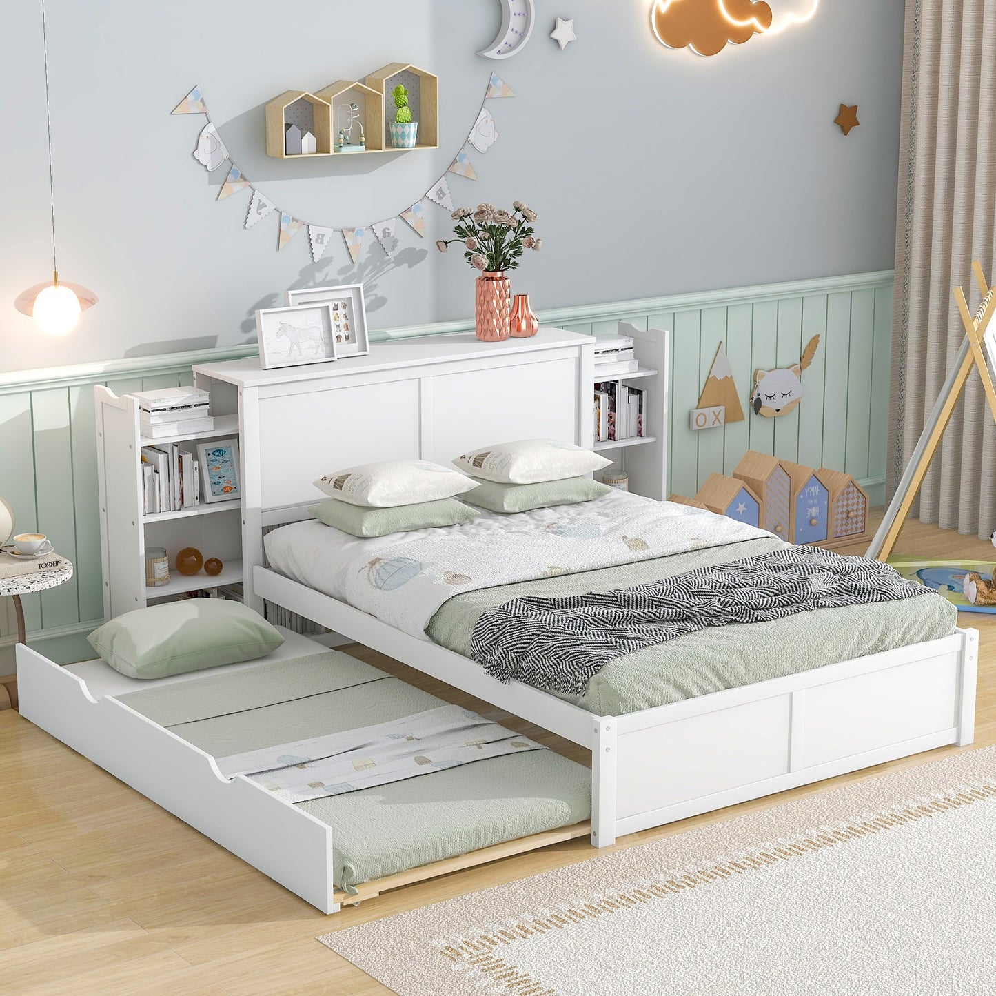 Full Size Platform Storage Bed with Pull Out Shelves and Twin Size Trundle