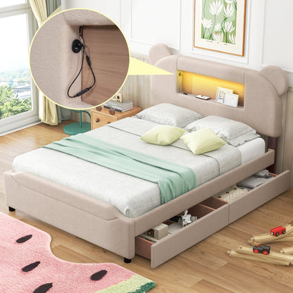 Full-Size Upholstered Storage Platform Bed with LED and USB, Cartoon Ears Shaped Headboard