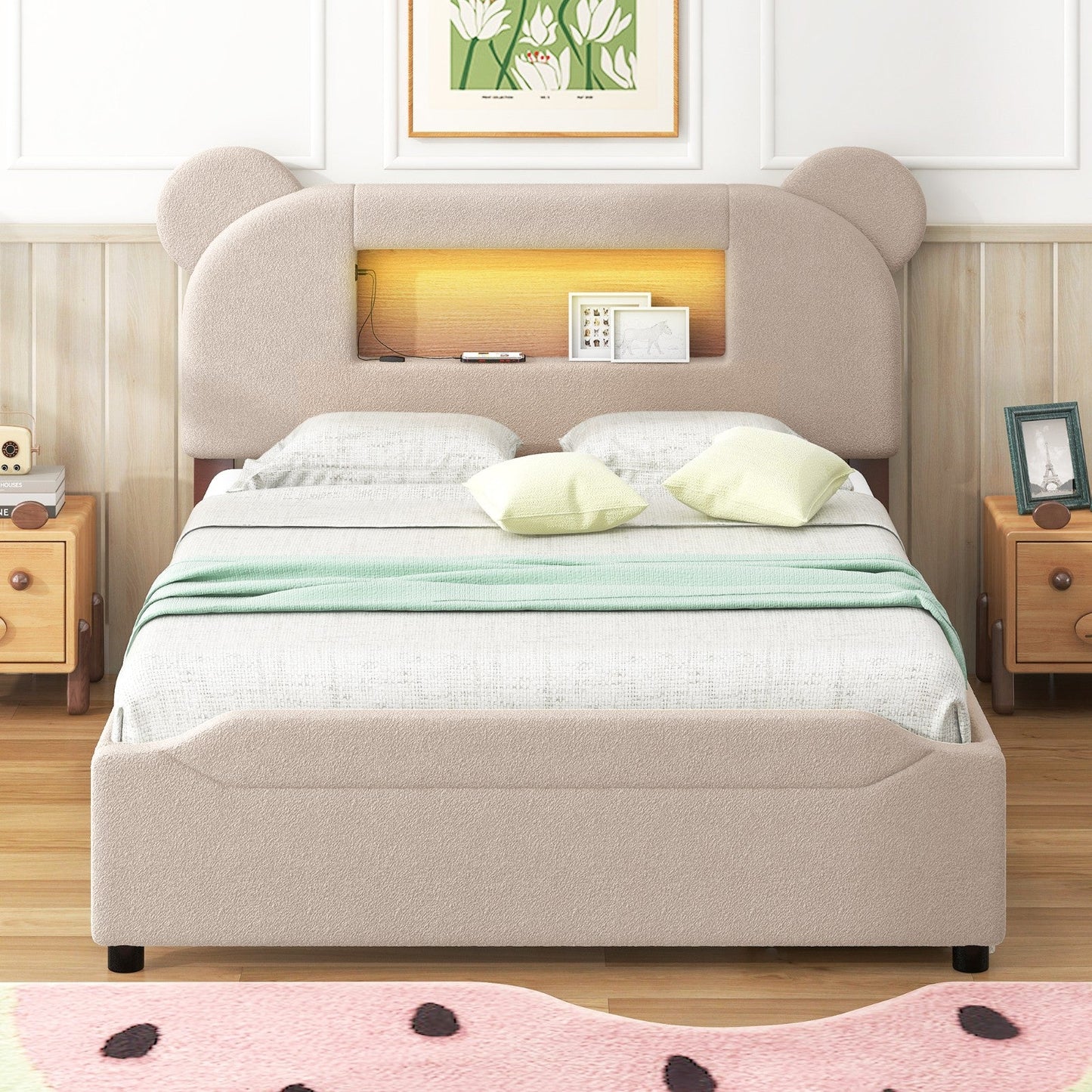 Full-Size Upholstered Storage Platform Bed with LED and USB, Cartoon Ears Shaped Headboard