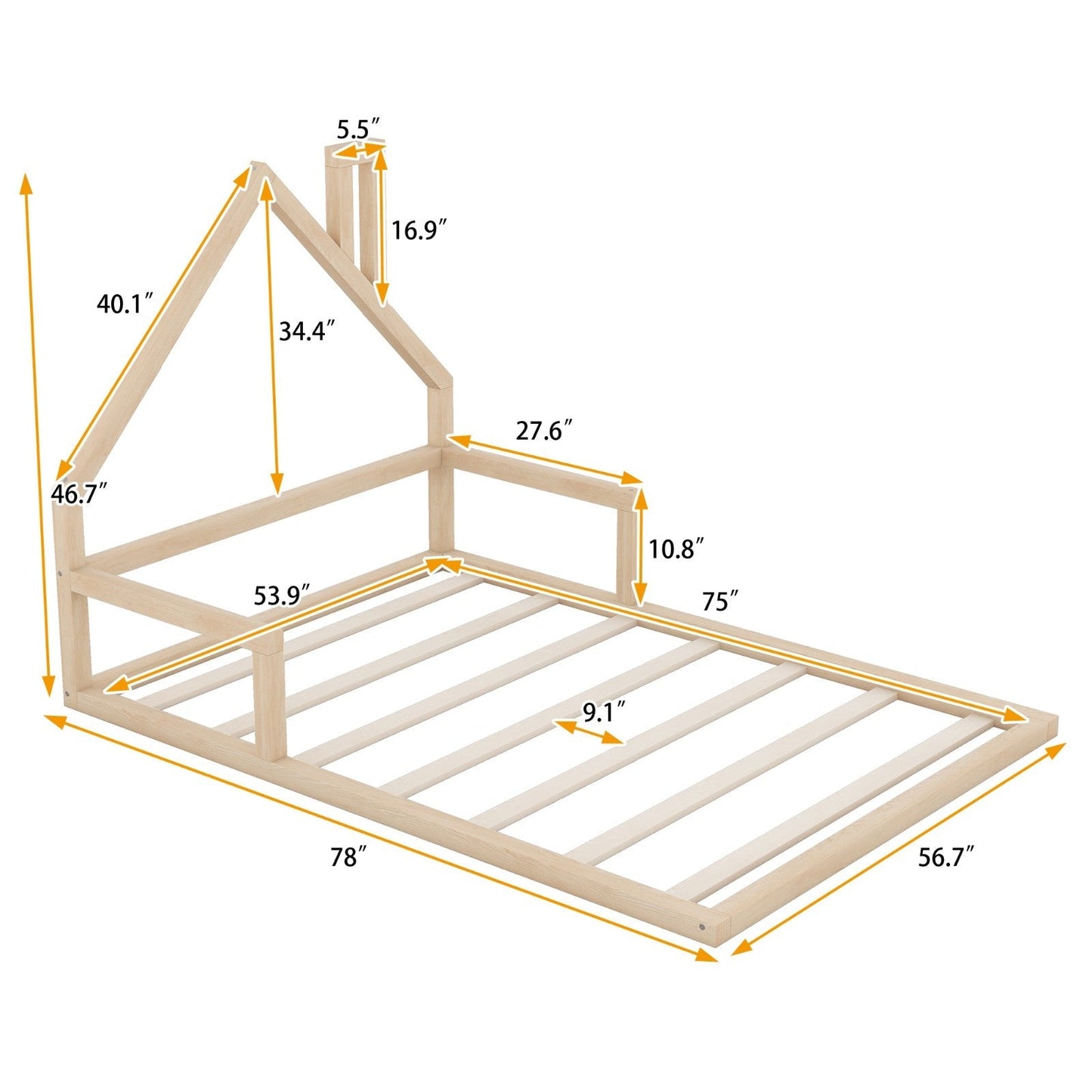 Full-Size Wood Floor Bed with House-Shaped Headboard