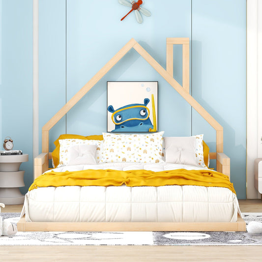 Full-Size Wood Floor Bed with House-Shaped Headboard