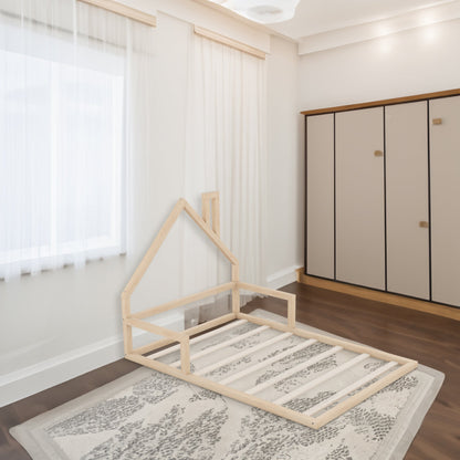 Full-Size Wood Floor Bed with House-Shaped Headboard