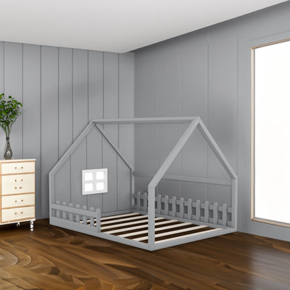 Full-Size Wood House Bed with Window and Fence