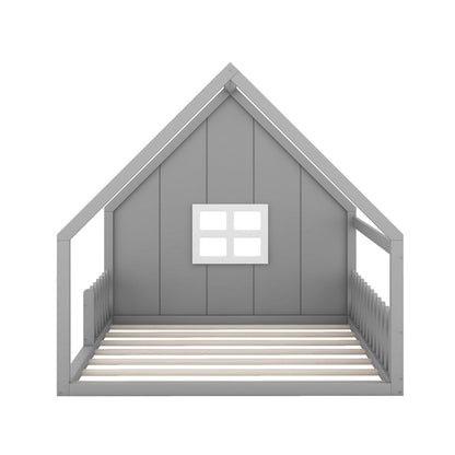 Full-Size Wood House Bed with Window and Fence