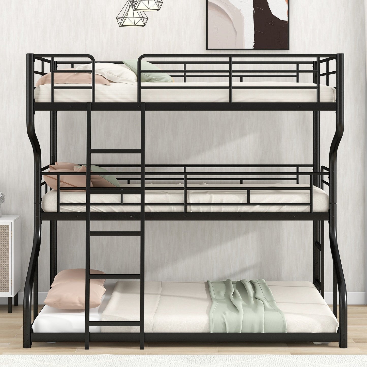 Full XL over Twin XL over Queen Size Triple Bunk Bed with Long and Short Ladder