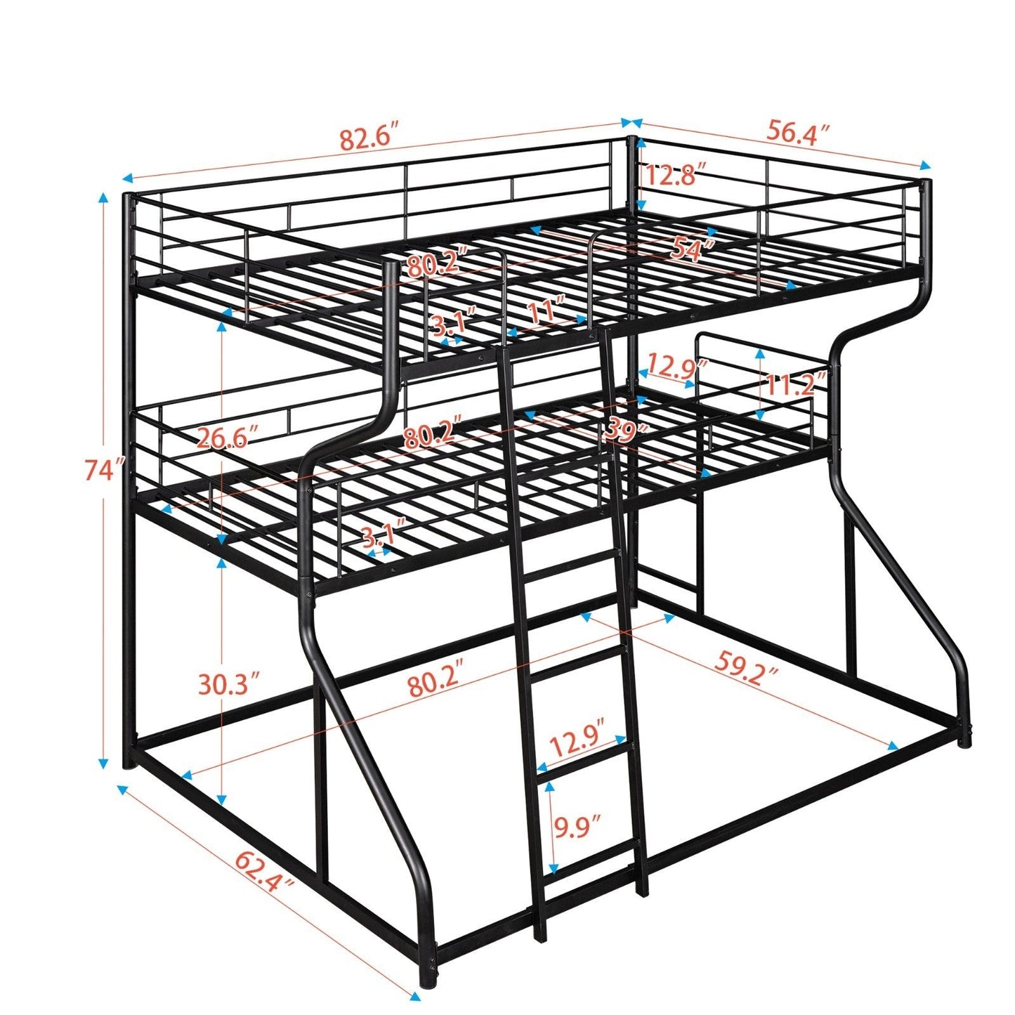 Full XL over Twin XL over Queen Size Triple Bunk Bed with Long and Short Ladder