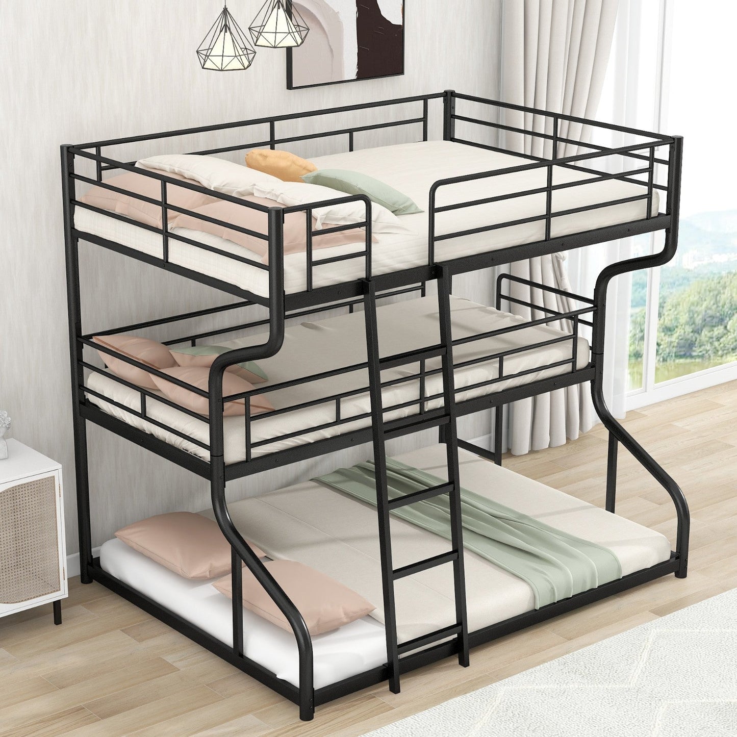 Full XL over Twin XL over Queen Size Triple Bunk Bed with Long and Short Ladder