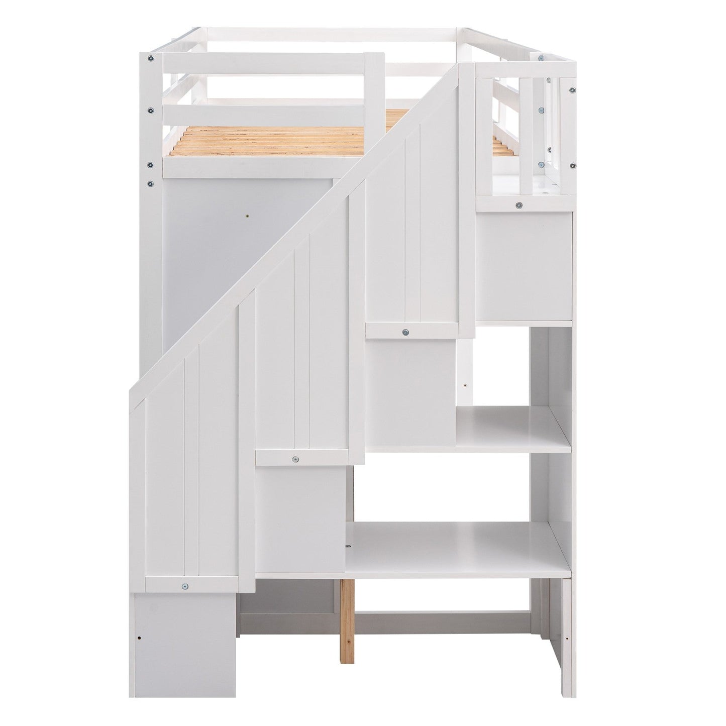 Functional Loft Bed with 3 Shelves, 2 Wardrobes, 2 Drawers, Ladder with Storage, No Box Spring Needed