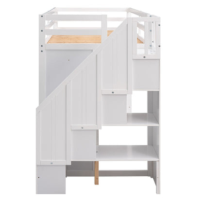 Functional Loft Bed with 3 Shelves, 2 Wardrobes, 2 Drawers, Ladder with Storage, No Box Spring Needed