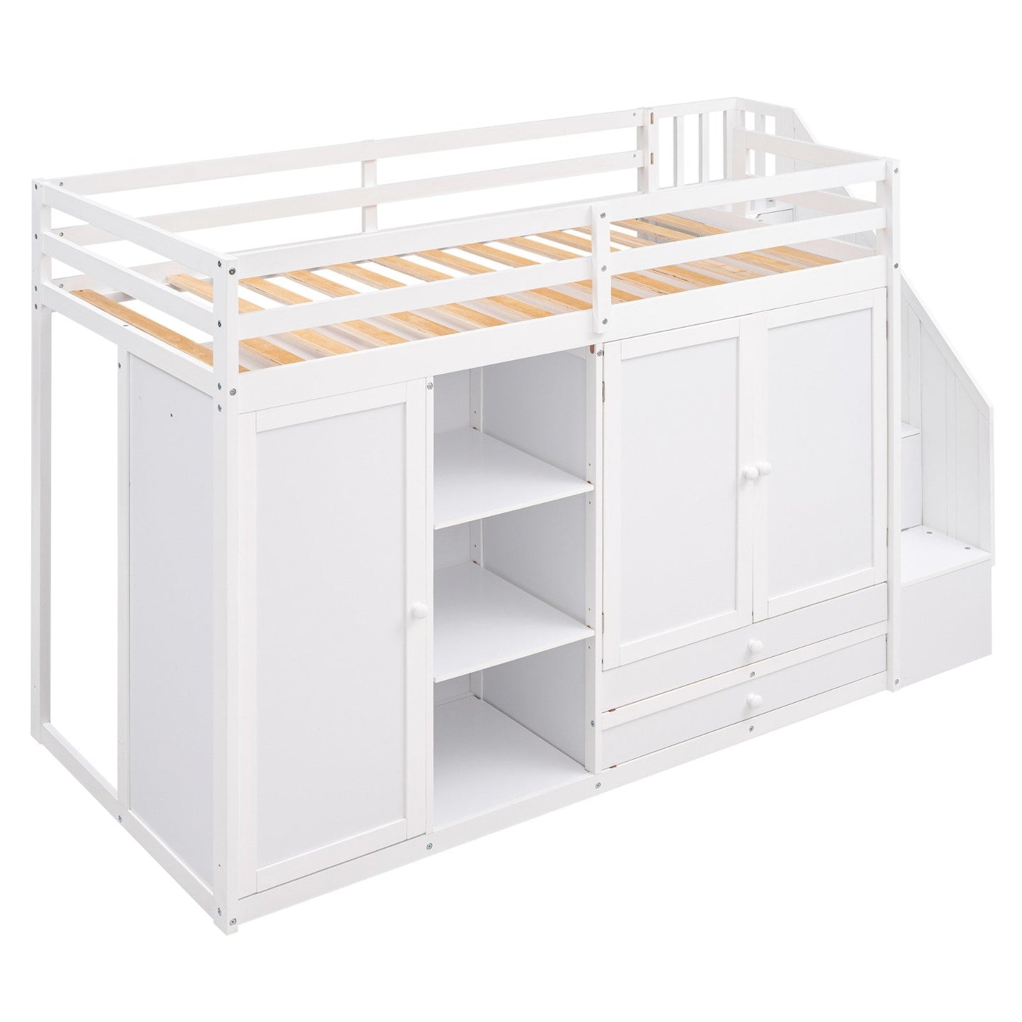 Functional Loft Bed with 3 Shelves, 2 Wardrobes, 2 Drawers, Ladder with Storage, No Box Spring Needed