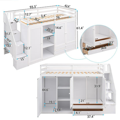 Functional Loft Bed with 3 Shelves, 2 Wardrobes, 2 Drawers, Ladder with Storage, No Box Spring Needed