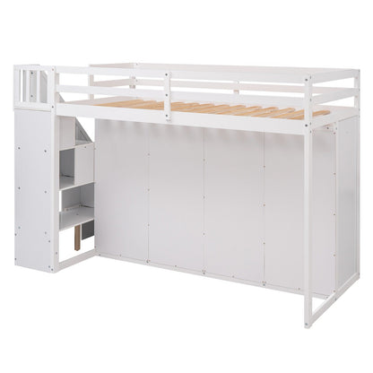 Functional Loft Bed with 3 Shelves, 2 Wardrobes, 2 Drawers, Ladder with Storage, No Box Spring Needed