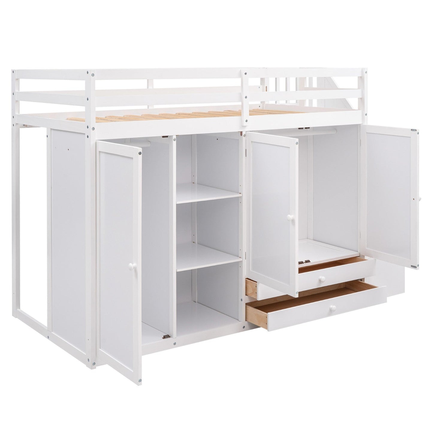 Functional Loft Bed with 3 Shelves, 2 Wardrobes, 2 Drawers, Ladder with Storage, No Box Spring Needed