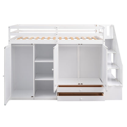 Functional Loft Bed with 3 Shelves, 2 Wardrobes, 2 Drawers, Ladder with Storage, No Box Spring Needed