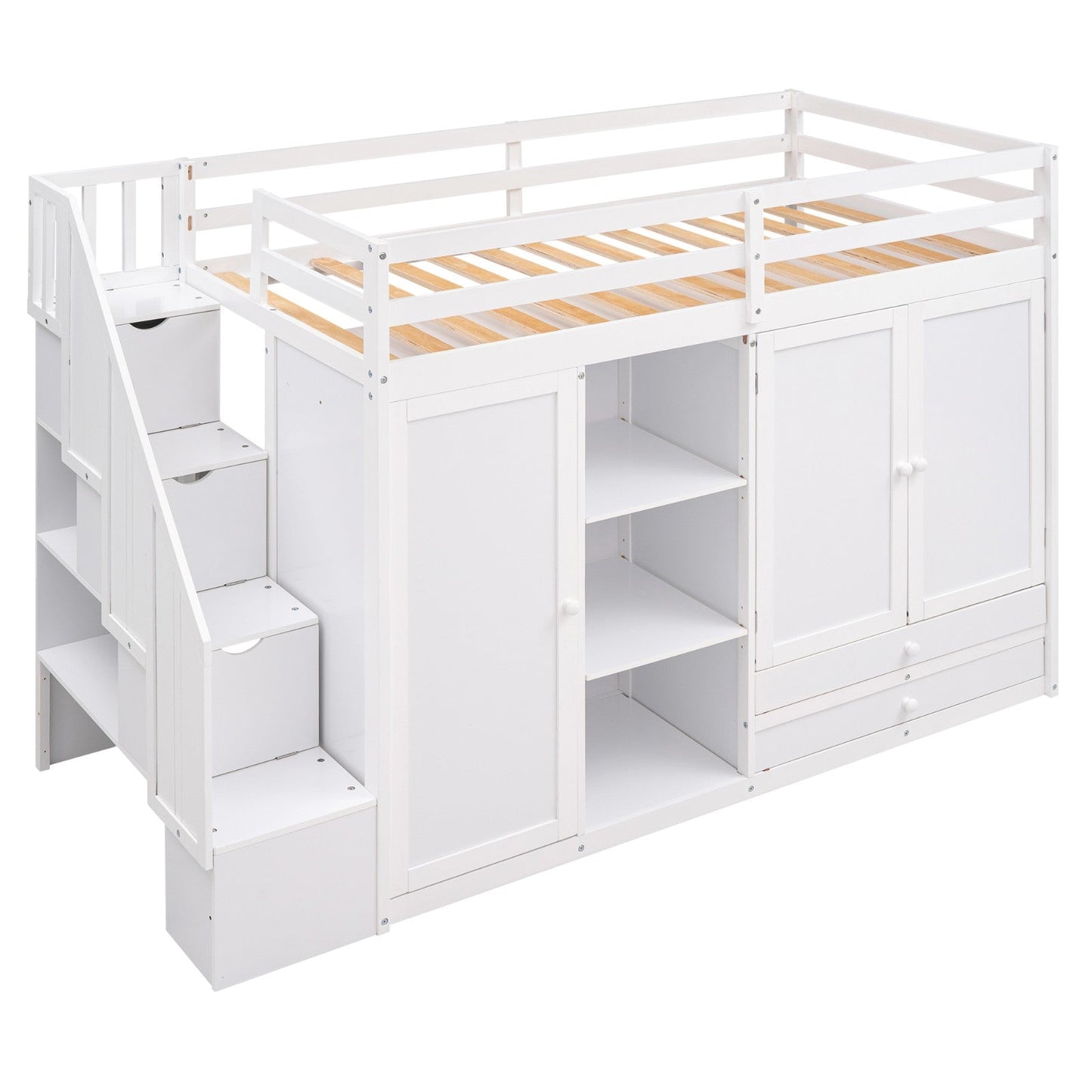 Functional Loft Bed with 3 Shelves, 2 Wardrobes, 2 Drawers, Ladder with Storage, No Box Spring Needed