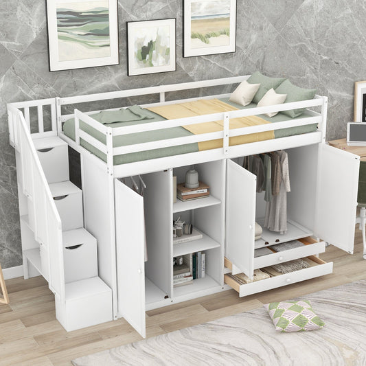 Functional Loft Bed with 3 Shelves, 2 Wardrobes, 2 Drawers, Ladder with Storage, No Box Spring Needed