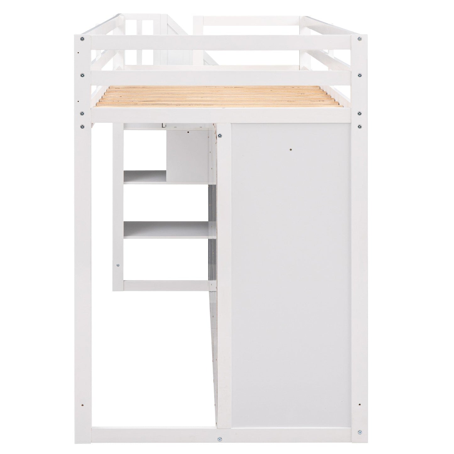 Functional Loft Bed with 3 Shelves, 2 Wardrobes, 2 Drawers, Ladder with Storage, No Box Spring Needed