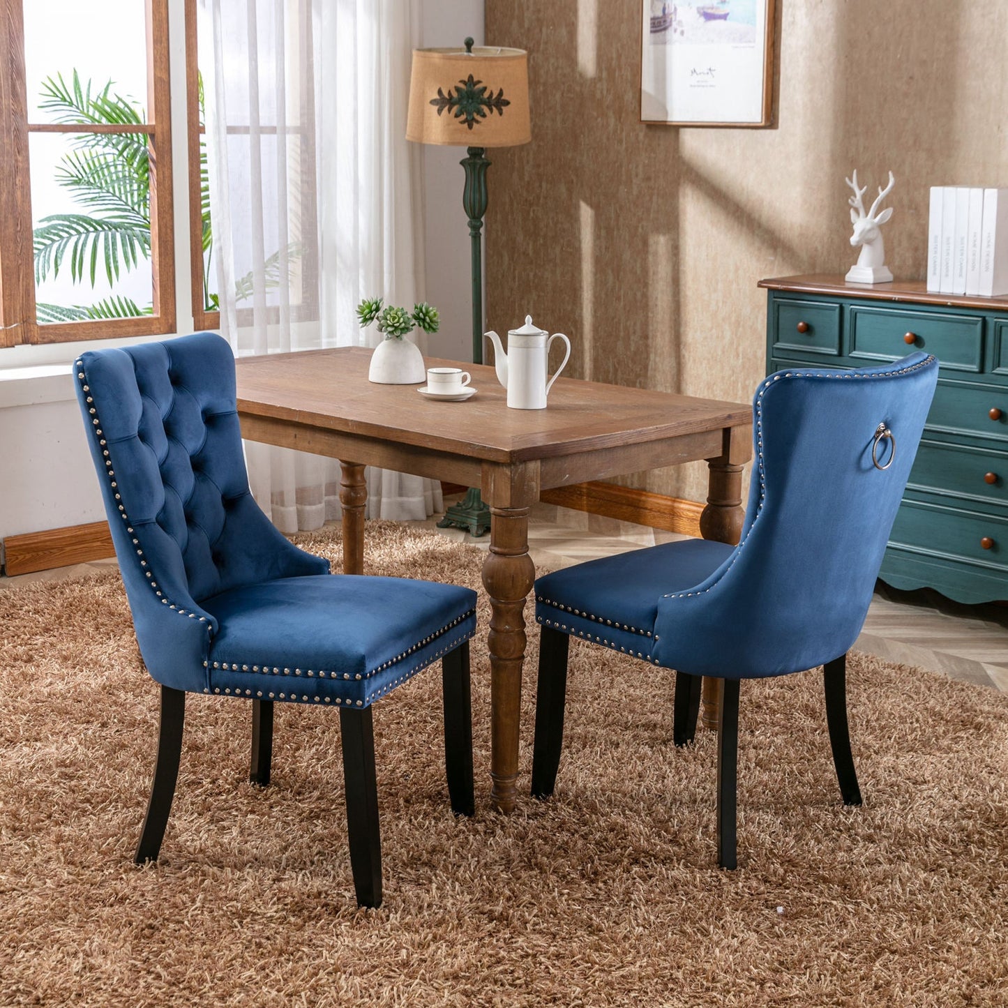 High-end Contemporary Tufted Solid Wood Velvet Upholstered Dining Chair with Wood Legs and Nailhead Trim, 2 pcs Set