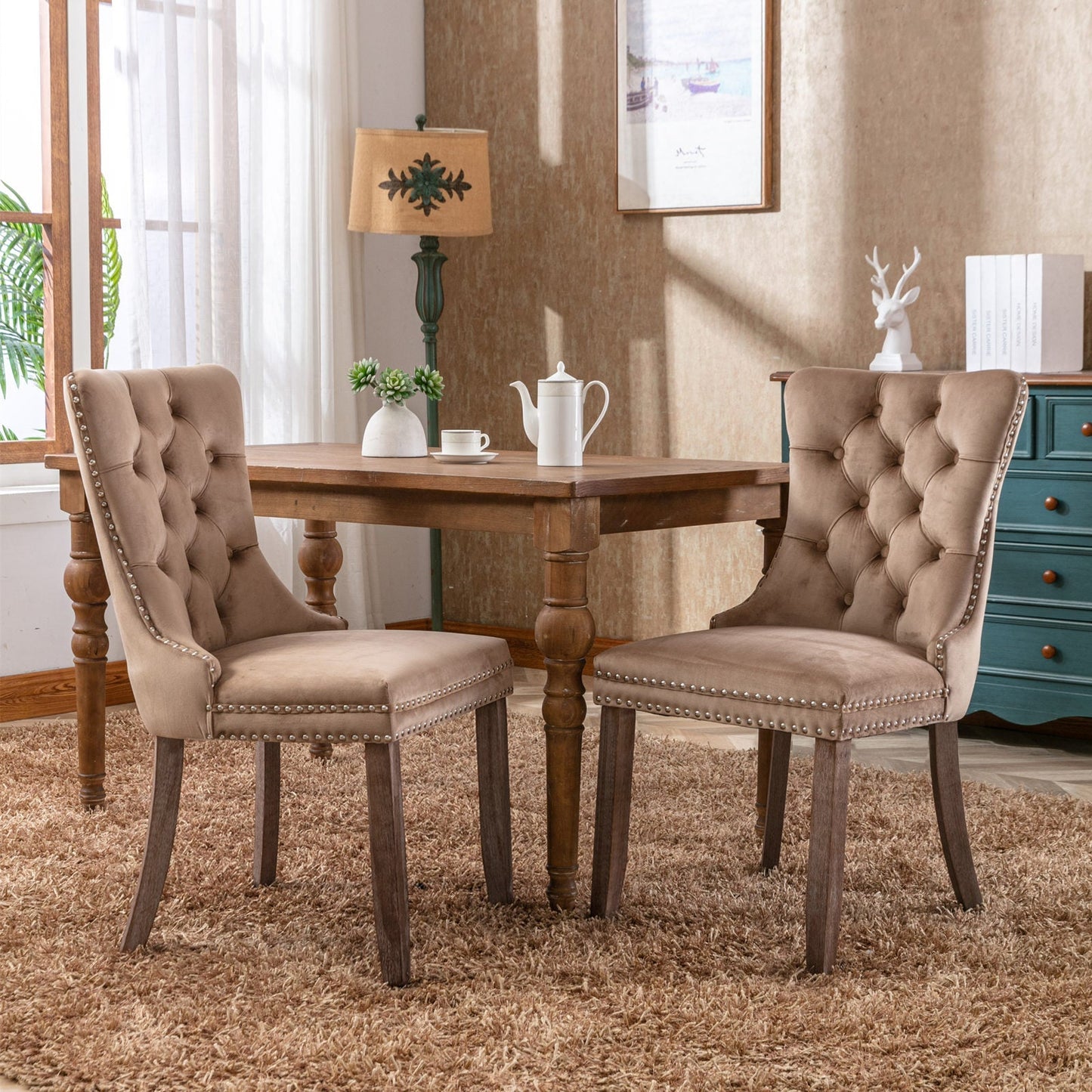 High-end Contemporary Tufted Solid Wood Velvet Upholstered Dining Chair with Wood Legs and Nailhead Trim, 2 pcs Set